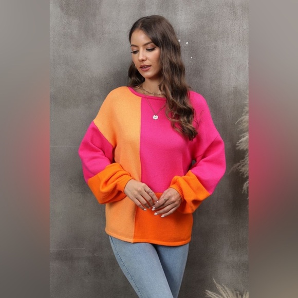 Color Block Round Neck Drop Shoulder Sweater - Picture 2 of 3